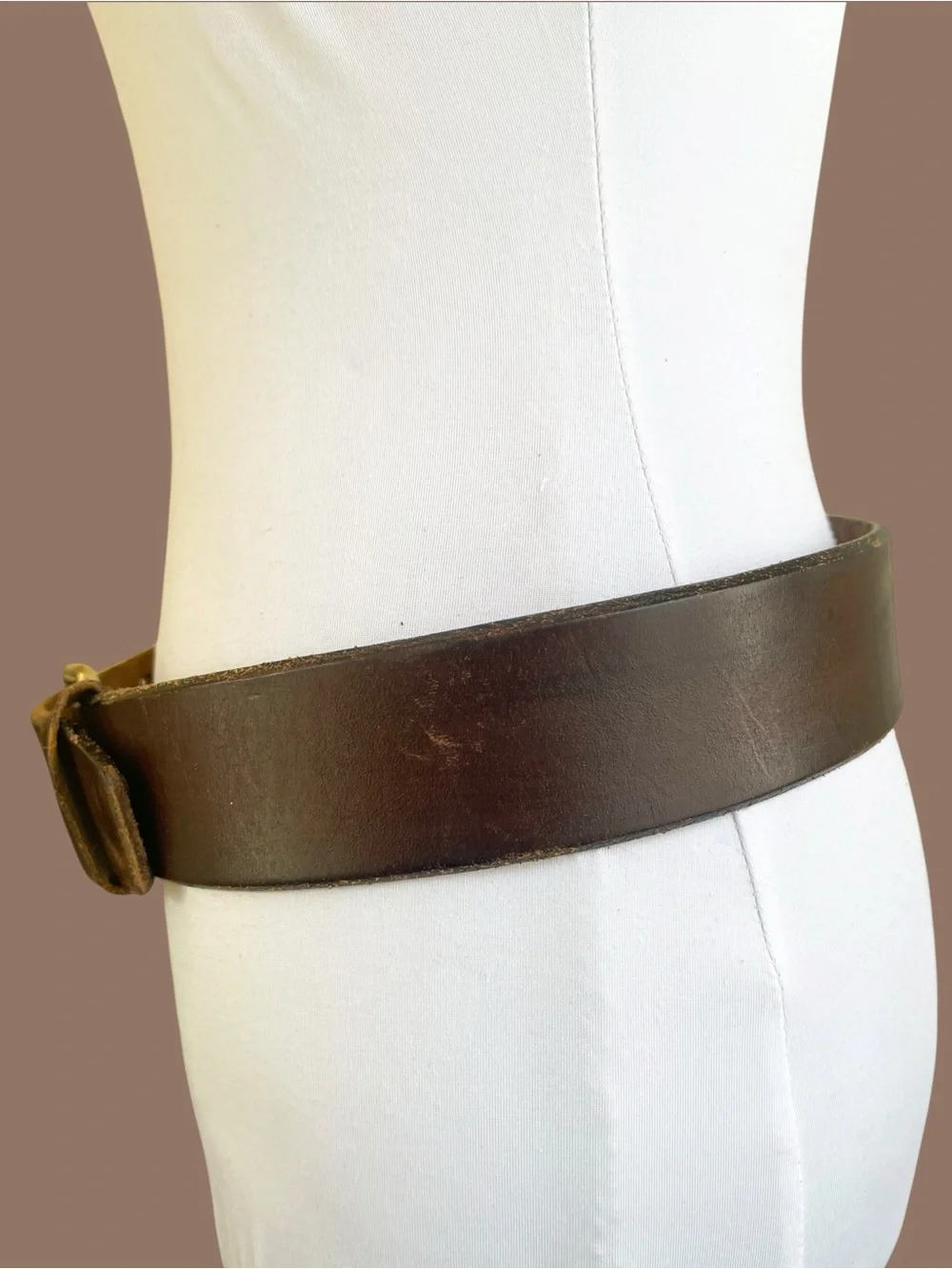 Vintage Brown Leather Double-Prong Belt Wide Waist Boho 90s Size S/M